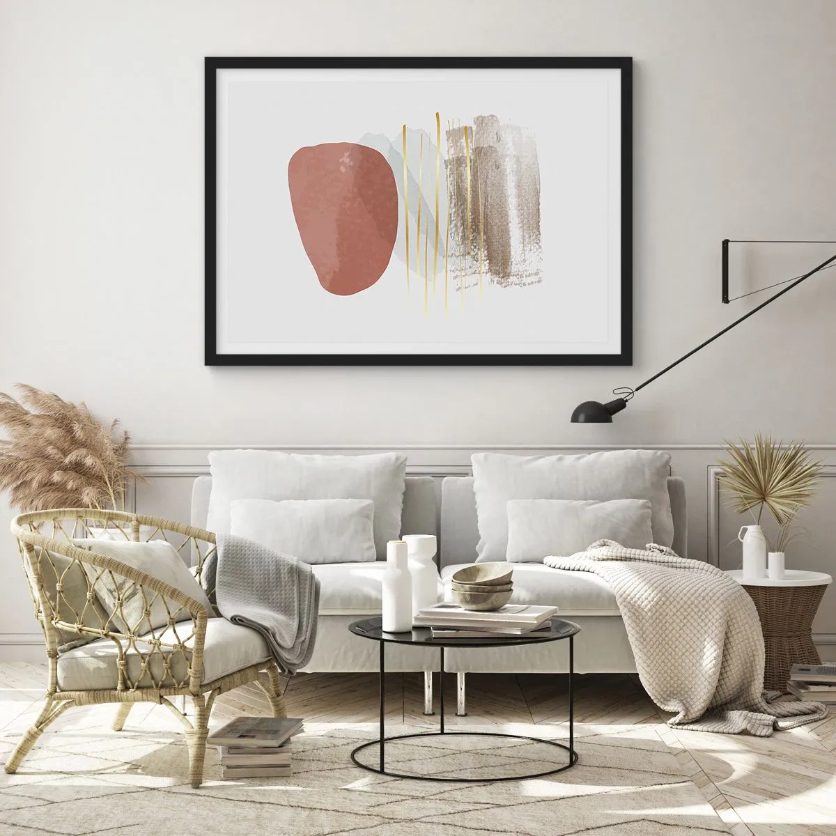 Affiche dans un cadre noir - Poster - Composition abstraite dans les tons beige et or - 70x50cm - Colonnade abstraite - Décoration murale moderne pour le salon et la chambre ARTTOR