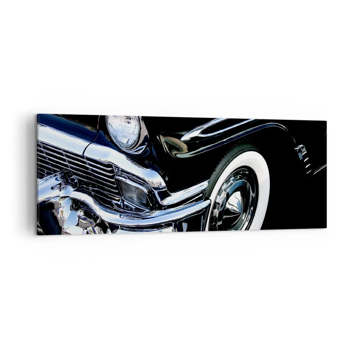Impression sur toile - Image sur toile - Gros plan du phare et du garde-boue d'une voiture classique noire - 140x50cm - Classique en argent, noir et blanc - Décoration murale moderne pour le salon et la chambre ARTTOR