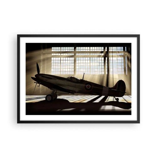 Affiche dans un cadre noir - Poster - Un avion historique dans un hangar éclairé par la lumière du soleil - 70x50cm - Le repos du guerrier - Décoration murale moderne pour le salon et la chambre ARTTOR