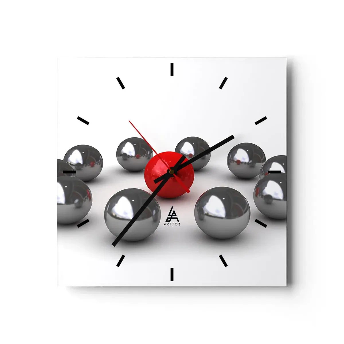 Horloge murale - Pendule murale - Une boule rouge entourée de boules argentées sur fond blanc - 30x30cm - Un cercle en argent et rouge - Décoration murale moderne pour le salon et la chambre ARTTOR