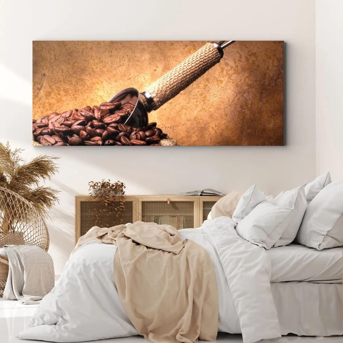 Impression sur toile - Image sur toile - Grains de café dans un sac en jute avec une cuillère en métal - 140x50cm - A la source de la saveur - Décoration murale moderne pour le salon et la chambre ARTTOR