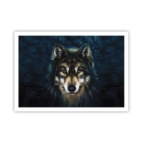 Affiche - Poster - Portrait d'un loup sur fond bleu foncé - 100x70cm - Alpha? Et oméga - Décoration murale moderne pour le salon et la chambre ARTTOR