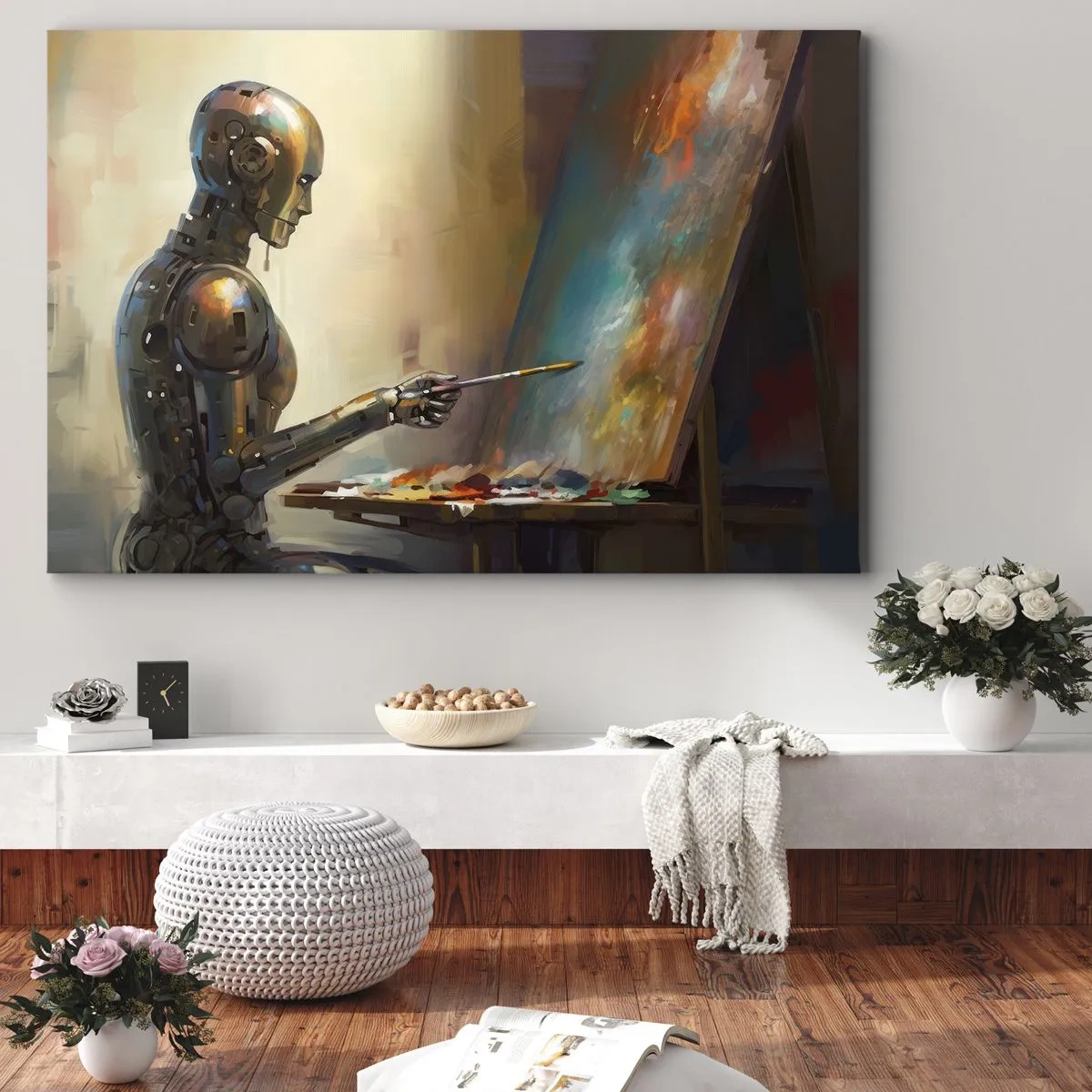 Impression sur toile - Image sur toile - Un robot peignant sur une toile dans un style artistique - 70x50cm - L'art du futur - Décoration murale moderne pour le salon et la chambre ARTTOR