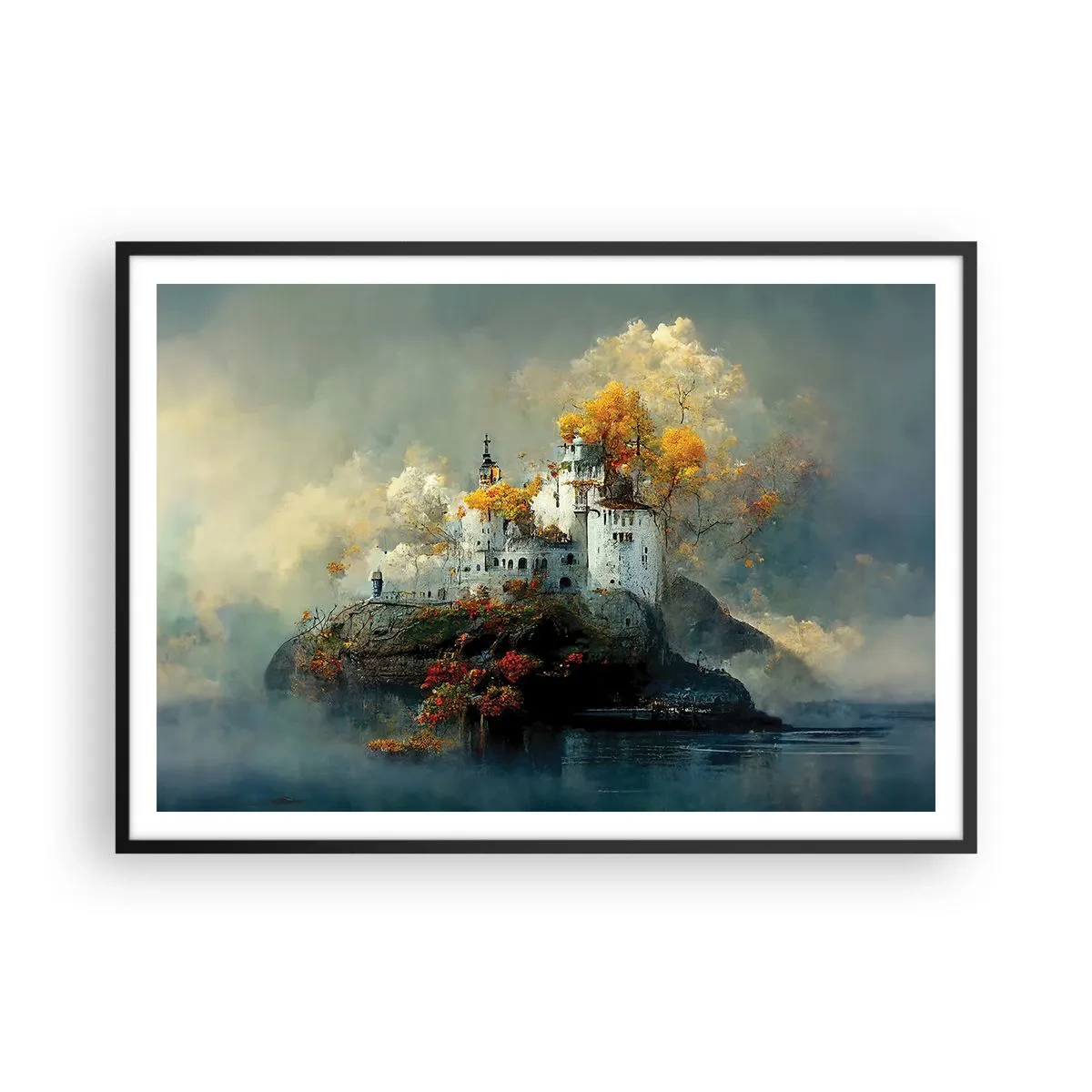 Affiche dans un cadre noir - Poster - Un château sur une colline entouré d'arbres d'automne - 100x70cm - Le début d'une histoire romantique - Décoration murale moderne pour le salon et la chambre ARTTOR
