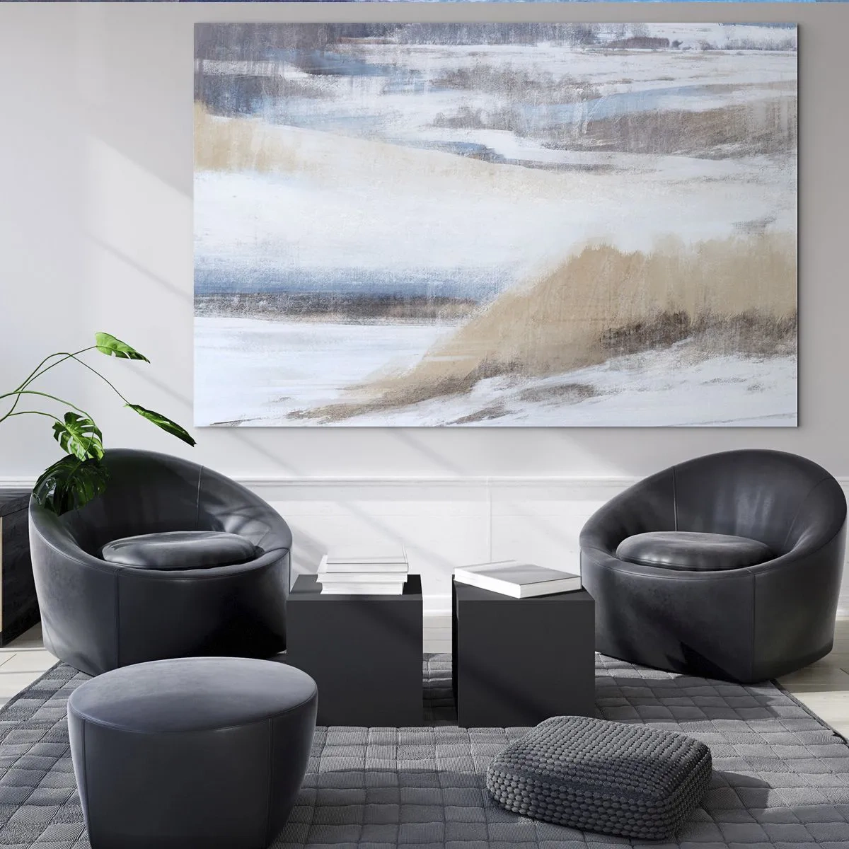 Impression sur verre - Image sur verre - Une abstraction délicate dans des tons beiges et bleus froids. - 70x50cm - Composition hivernale - Décoration murale moderne pour le salon et la chambre ARTTOR