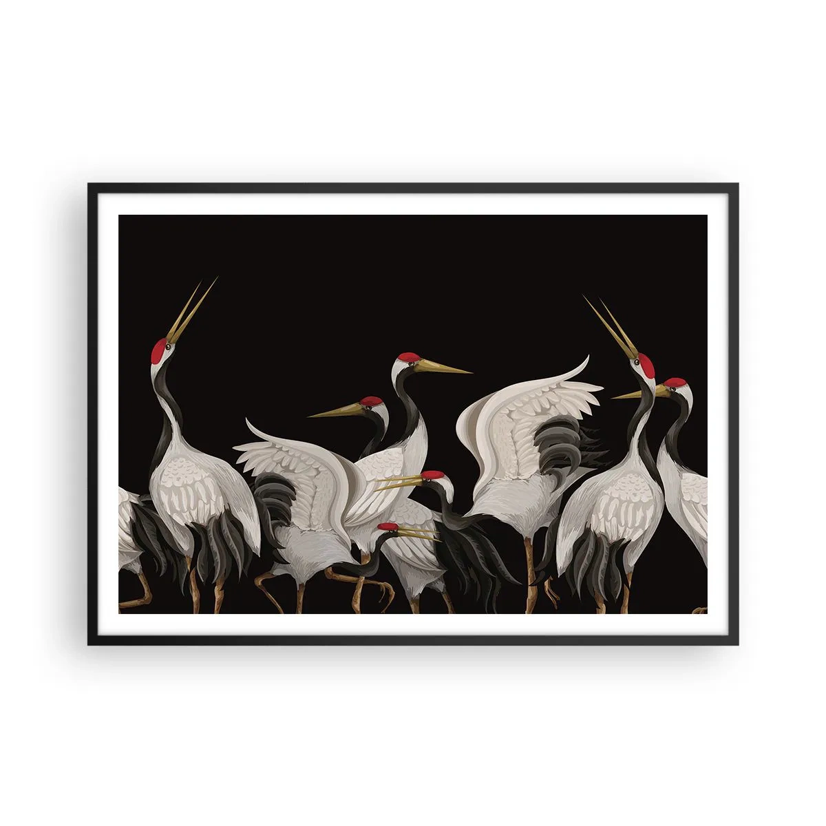 Affiche dans un cadre noir - Poster - Grues blanches avec des accents rouges sur fond noir - 100x70cm - Histoire d'oiseaux - Décoration murale moderne pour le salon et la chambre ARTTOR
