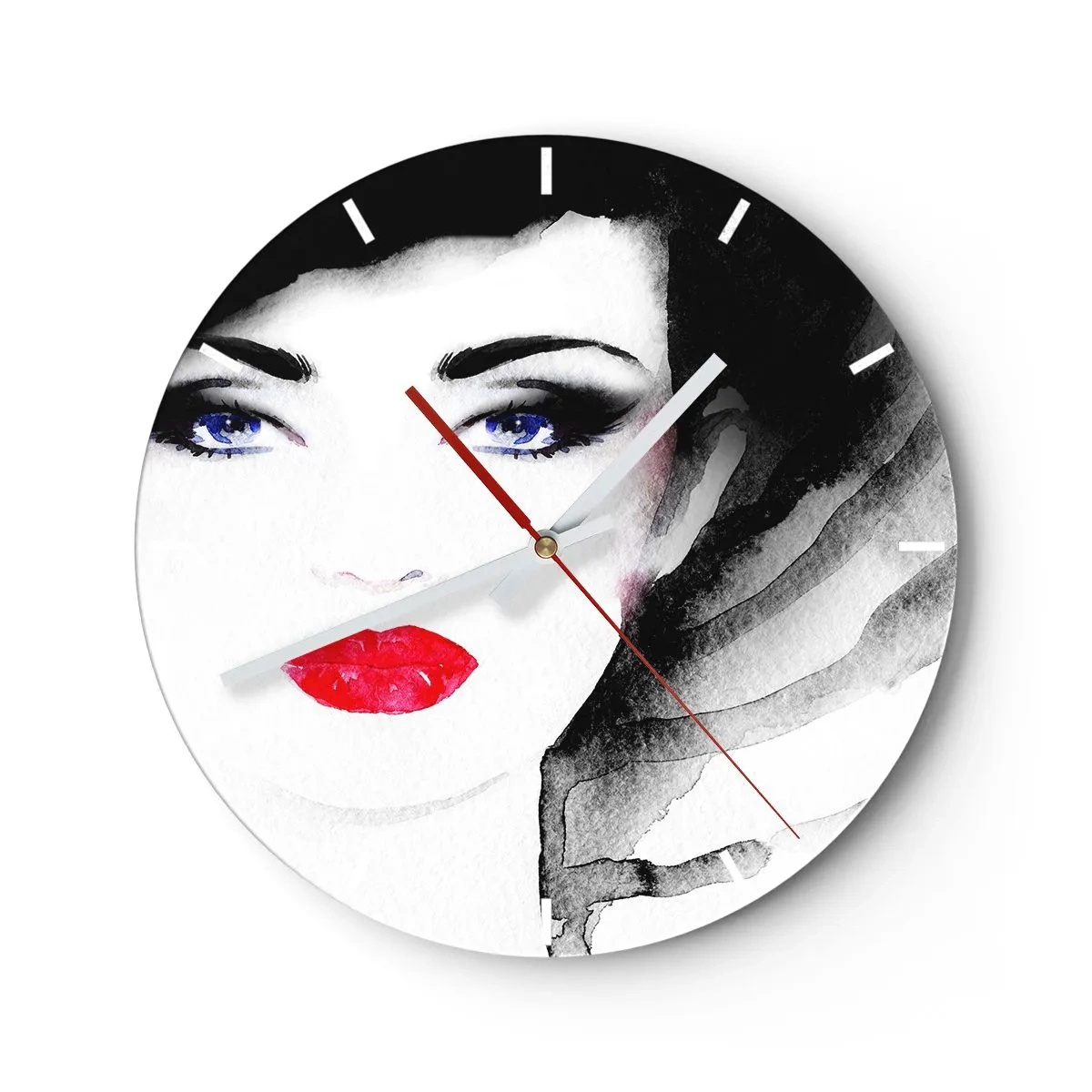 Horloge murale - Pendule murale - Portrait d'une femme aux lèvres rouges et aux yeux bleus intenses - 30x30cm - Elle repousse et attire - Décoration murale moderne pour le salon, la cuisine et la chambre ARTTOR