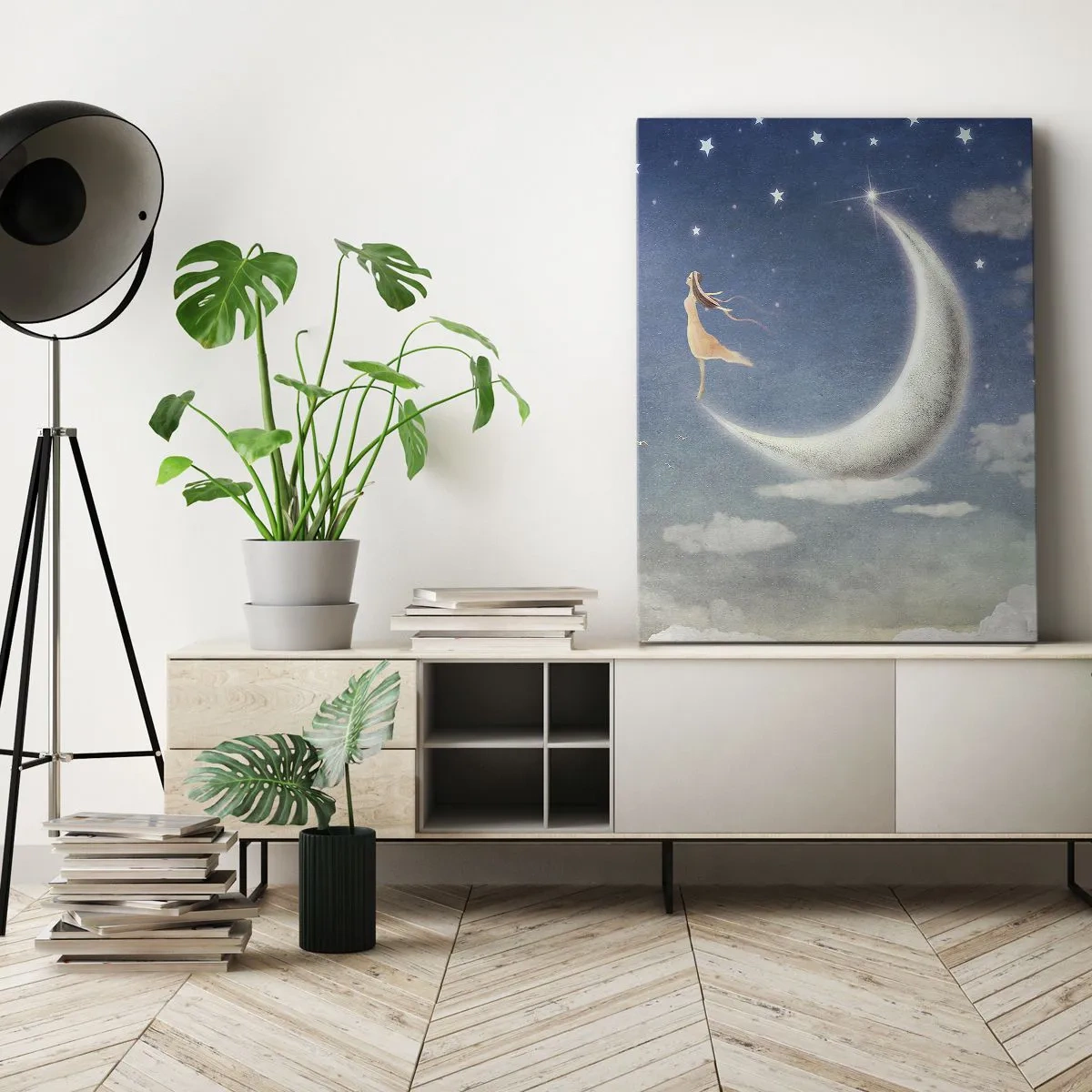 Impression sur toile - Image sur toile - Une femme dans la lune entourée d'étoiles et de nuages - 80x120cm - Valise bleue - Décoration murale moderne pour le salon et la chambre ARTTOR