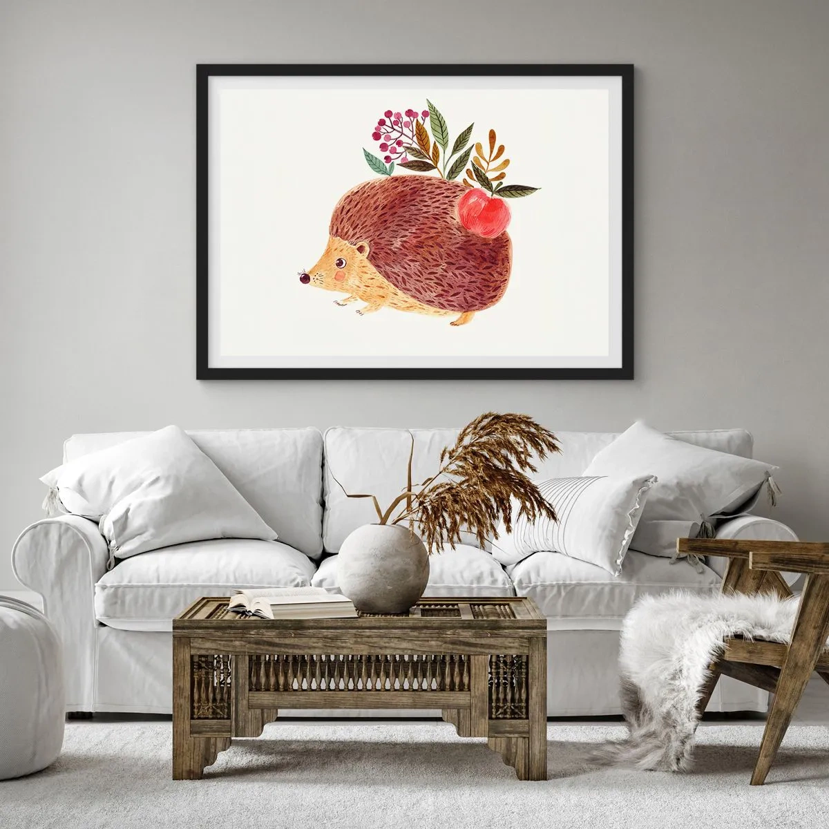 Affiche dans un cadre noir - Poster - Un hérisson mignon avec une pomme et des plantes dans un style illustratif - 70x50cm - Et tu m’apprécies déjà - Décoration murale moderne pour le salon et la chambre ARTTOR