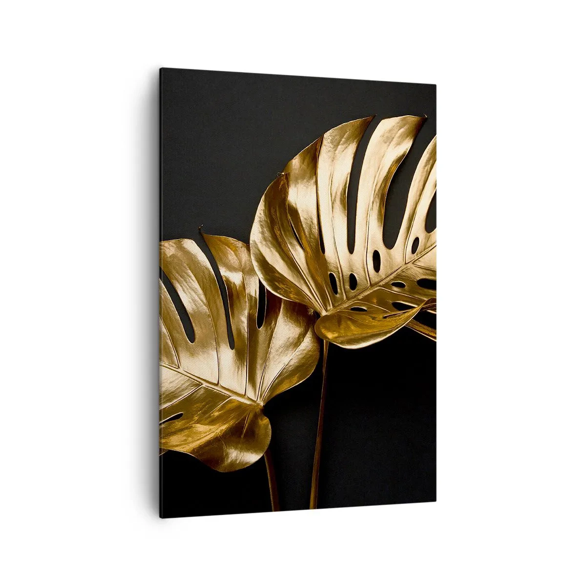 Impression sur toile - Image sur toile - Feuilles de monstera dorées sur fond noir - 70x100cm - Les trésors de la nature - Décoration murale moderne pour le salon et la chambre ARTTOR
