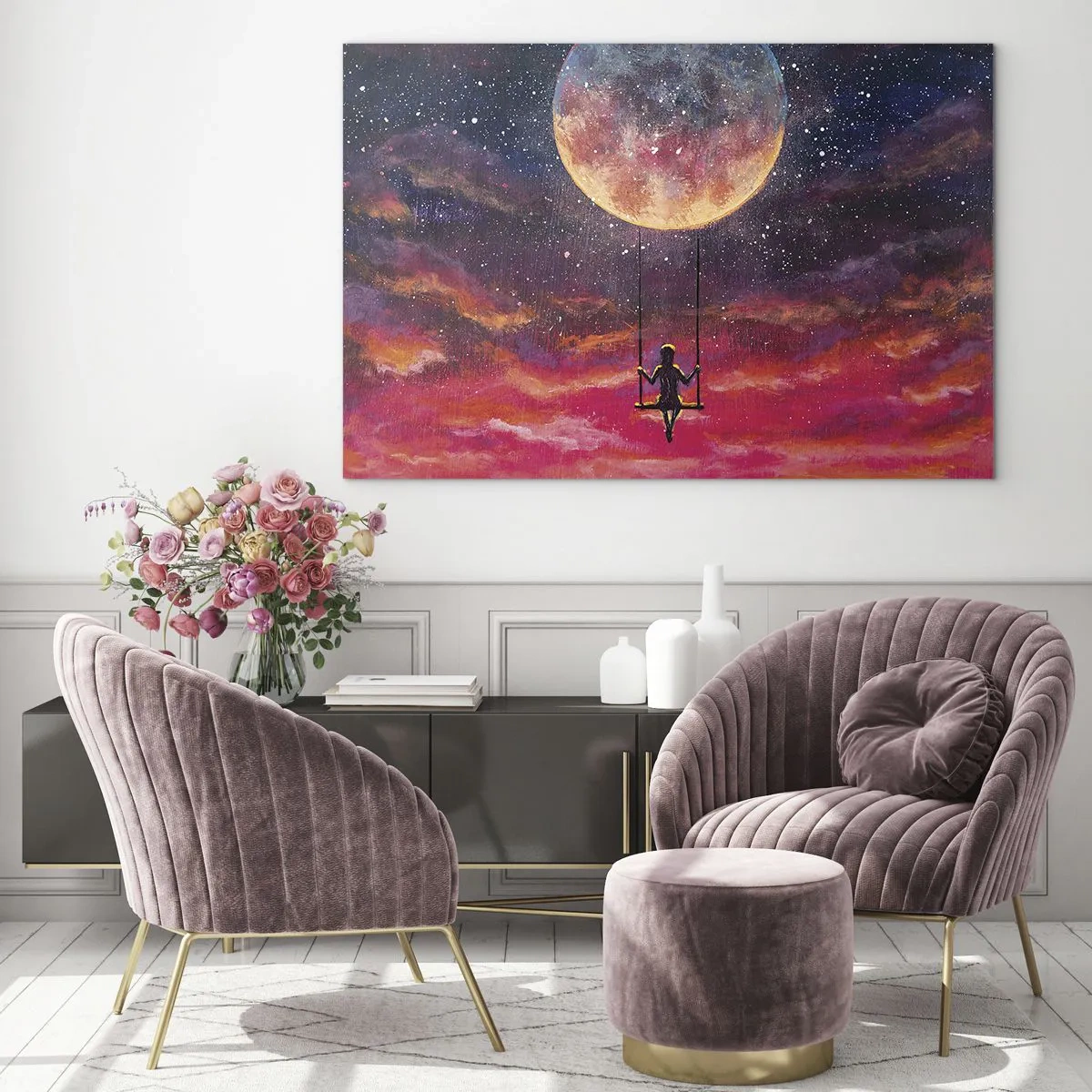 Impression sur verre - Image sur verre - Une fille sur une balançoire suspendue sous la lune - 70x50cm - Se balancer dans les nuages - Décoration murale moderne pour le salon et la chambre ARTTOR