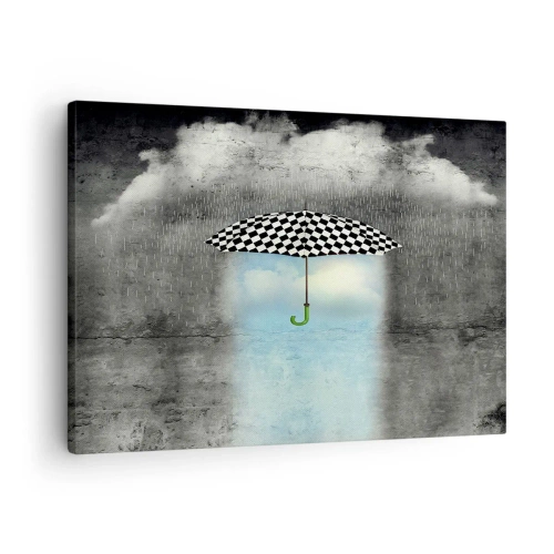 Impression sur toile - Image sur toile - Un parapluie à carreaux sur un paysage pluvieux - 70x50cm - Et pourtant c'est possible - Décoration murale moderne pour le salon et la chambre ARTTOR