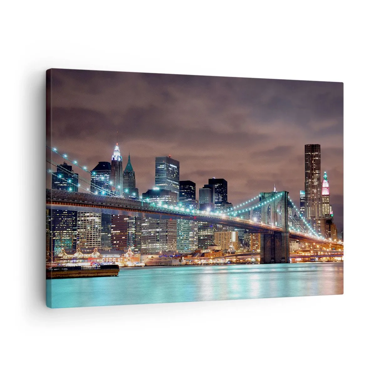 Impression sur toile - Image sur toile - Le pont illuminé la nuit sur fond de panorama urbain moderne - 70x50cm - Lumières des grandes villes - Décoration murale moderne pour le salon et la chambre ARTTOR