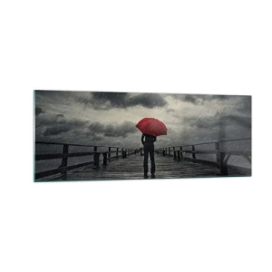 Impression sur verre - Image sur verre - Une personne avec un parapluie rouge sur une jetée pluvieuse - 140x50cm - Peu importe qu'il pleuve - Décoration murale moderne pour le salon et la chambre ARTTOR