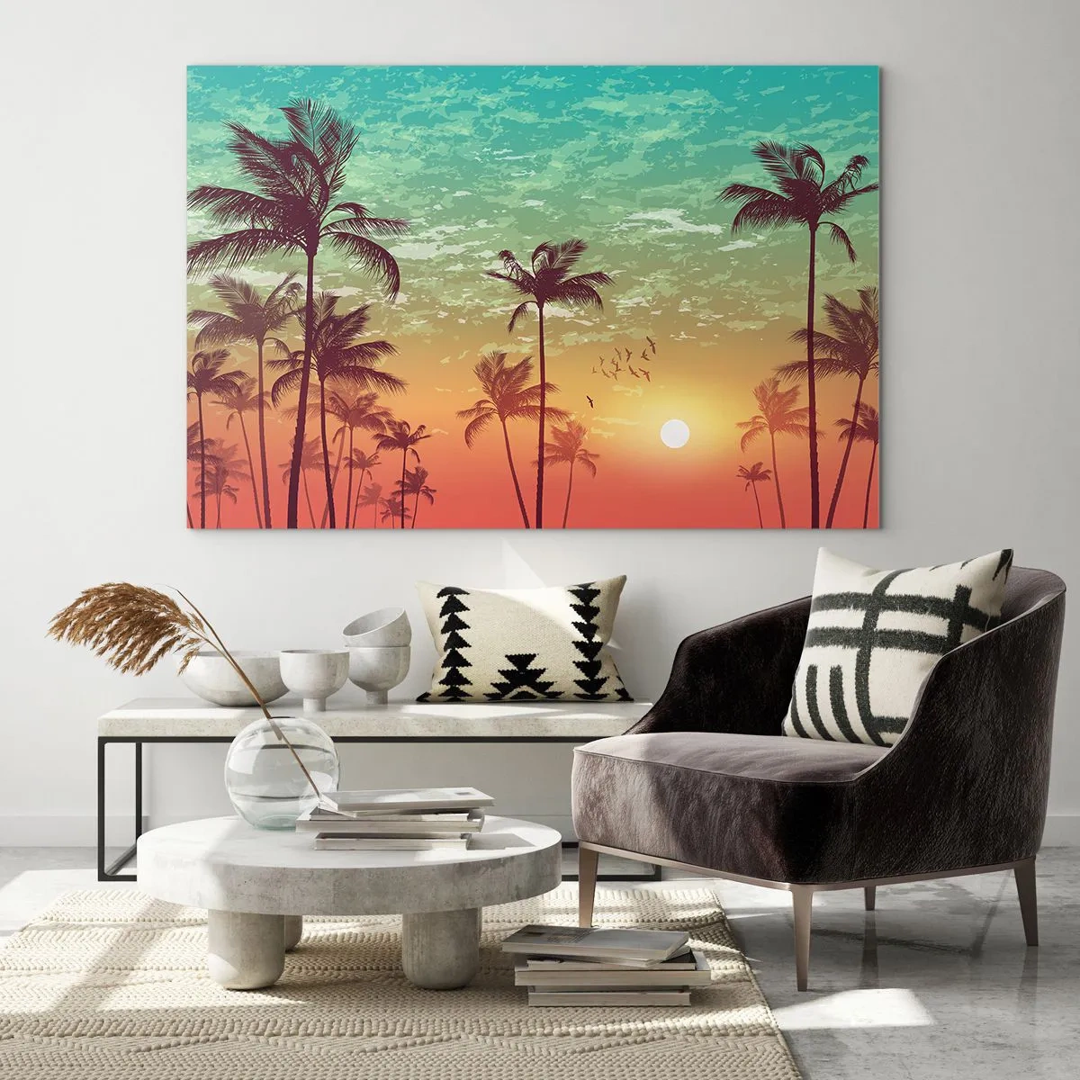 Impression sur verre - Image sur verre - Illustration de palmiers au coucher du soleil - 70x50cm - Ambiance tropicale - Décoration murale moderne pour le salon et la chambre ARTTOR