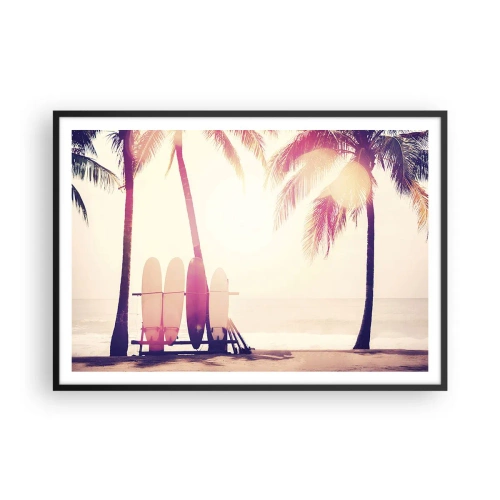 Affiche dans un cadre noir - Poster - Palmiers et planches de surf sur la plage au soleil - 100x70cm - Ca va être une journée magnifique - Décoration murale moderne pour le salon et la chambre ARTTOR