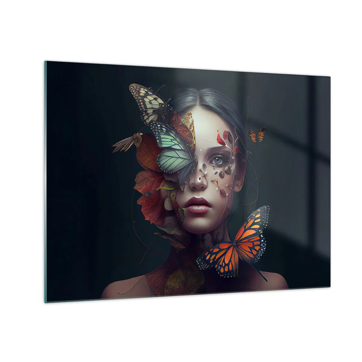 Impression sur verre - Image sur verre - Un visage de femme avec des papillons et des feuilles dans une composition artistique - 70x50cm - Une merveilleuse métamorphose - Décoration murale moderne pour le salon et la chambre ARTTOR