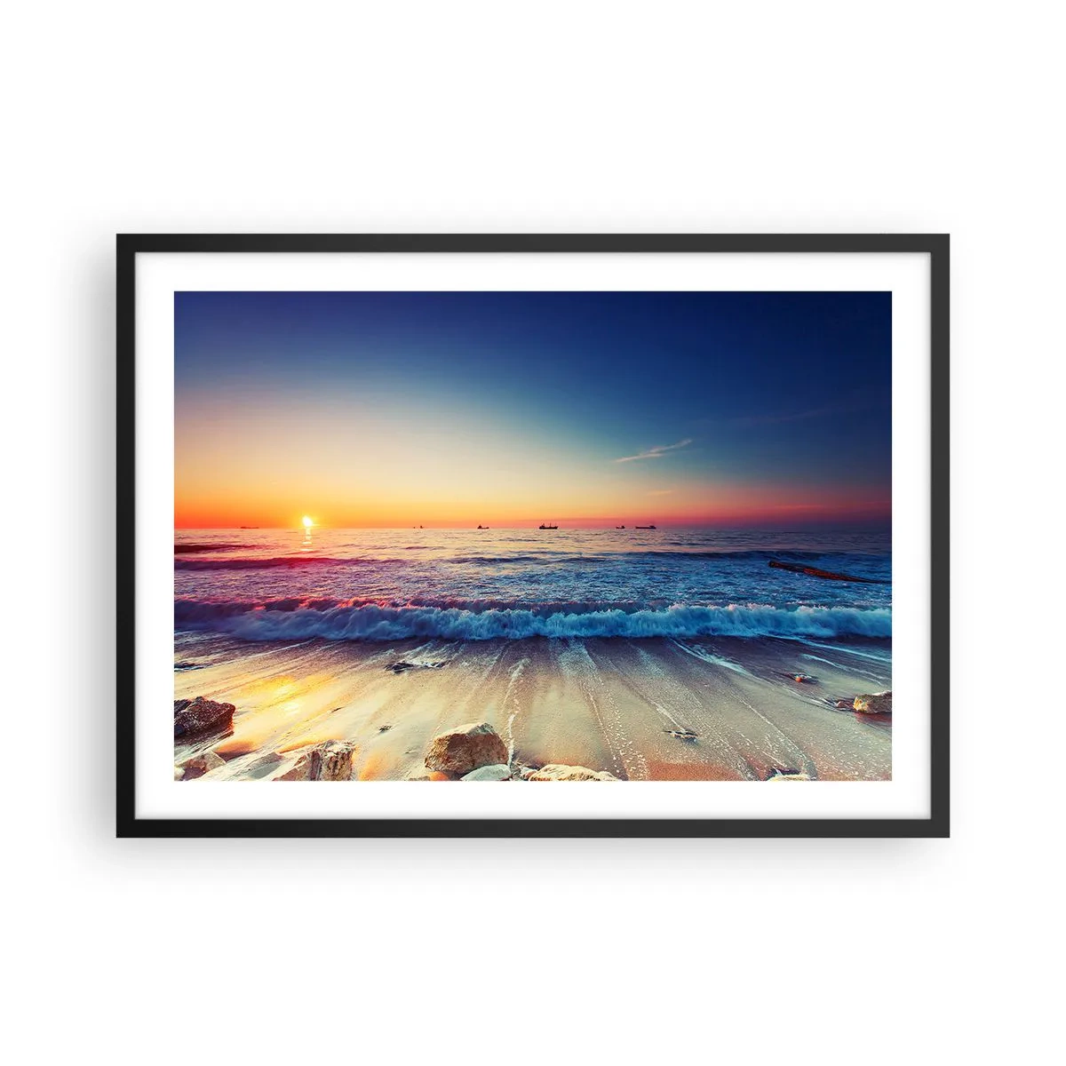 Affiche dans un cadre noir - Poster - Coucher de soleil sur une mer calme avec des vagues - 70x50cm - Mais quel horizon ? - Décoration murale moderne pour le salon et la chambre ARTTOR