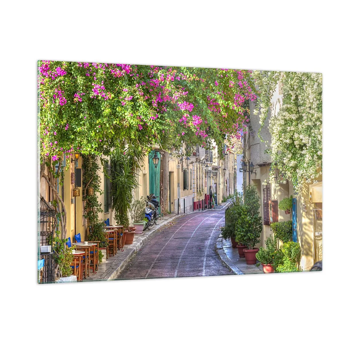 Impression sur verre - Image sur verre - Une charmante rue avec des arbres en fleurs - 120x80cm - Allée fleurie - Décoration murale moderne pour le salon et la chambre ARTTOR