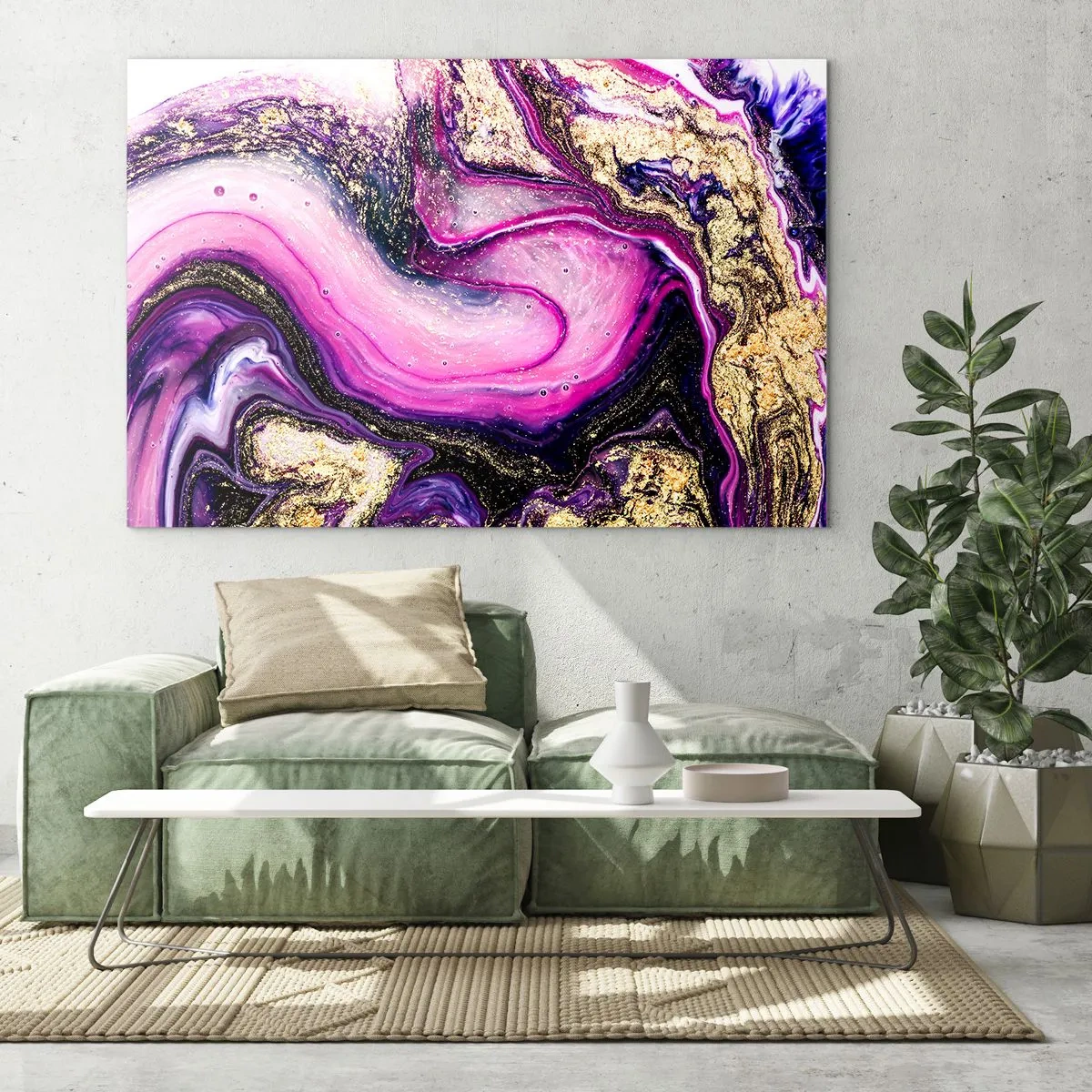 Impression sur verre - Image sur verre - Une composition abstraite dans des tons de violet et d'or. - 100x70cm - Un instant dans les coulisses - Décoration murale moderne pour le salon et la chambre ARTTOR