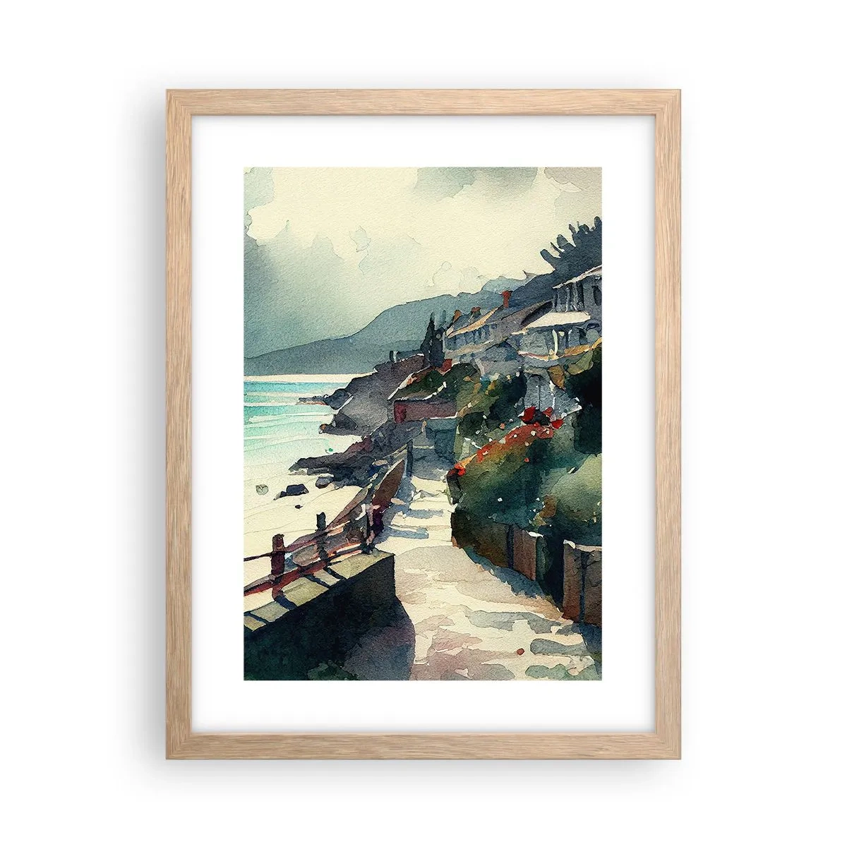 Affiche dans un chêne clair - Poster - Ville méditerranéenne - 30x40 cm
