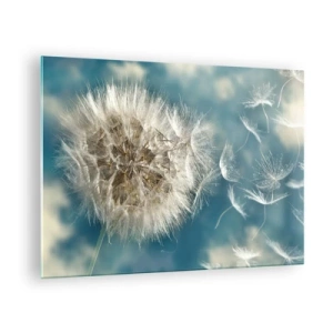 Impression sur verre - Image sur verre - Un pissenlit délicat contre le ciel avec des graines flottantes - 70x50cm - souffle d'ange - Décoration murale moderne pour le salon et la chambre ARTTOR