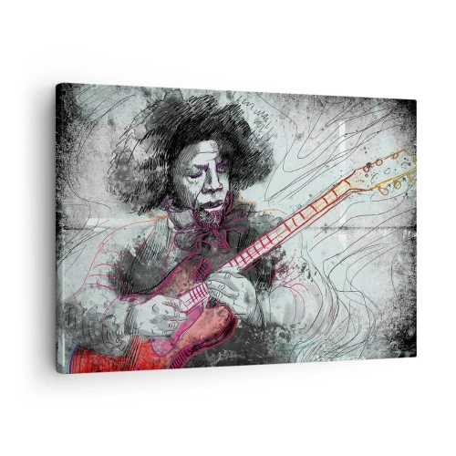 Impression sur toile - Image sur toile - Portrait artistique d'un guitariste en technique d'esquisse - 70x50cm - Sur les vagues de la musique - Décoration murale moderne pour le salon et la chambre ARTTOR