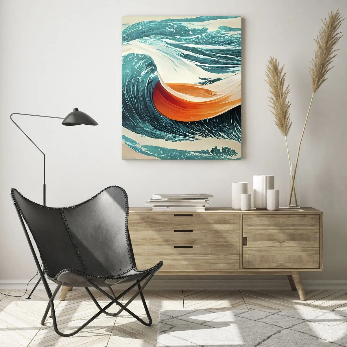 Impression sur verre - Image sur verre - Vagues de mer dynamiques avec ruban abstrait - 80x120cm - Le rêve d'un surfeur - Décoration murale moderne pour le salon et la chambre ARTTOR