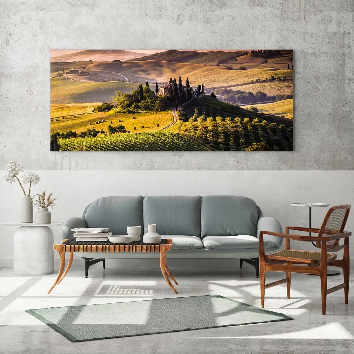 Impression sur verre - Image sur verre - Paysage toscan avec des vignes et une maison sur une colline - 140x50cm - Arcadie - le paysage toscan - Décoration murale moderne pour le salon et la chambre ARTTOR