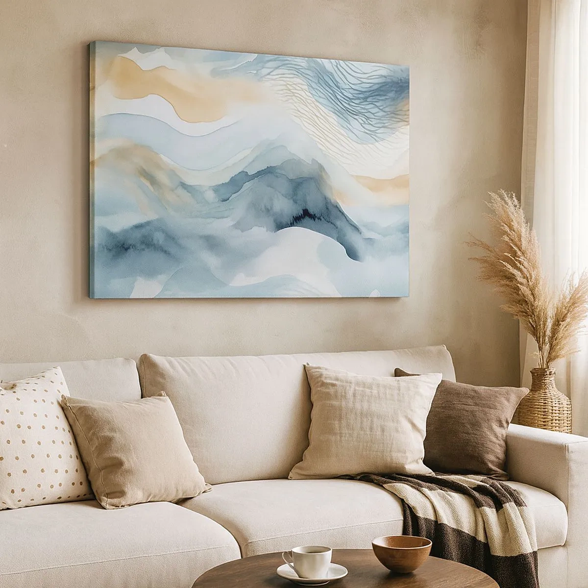 Impression sur toile - Image sur toile - Une abstraction délicate avec un motif de montagne dans des tons pastel. - 70x50cm - Abstraction enneigée et brumeuse - Décoration murale moderne pour le salon et la chambre ARTTOR
