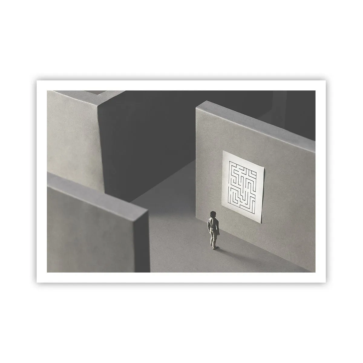 Affiche - Poster - Une figure dans un labyrinthe regardant une carte suspendue - 100x70cm - Mais où suis-je? - Décoration murale moderne pour le salon et la chambre ARTTOR