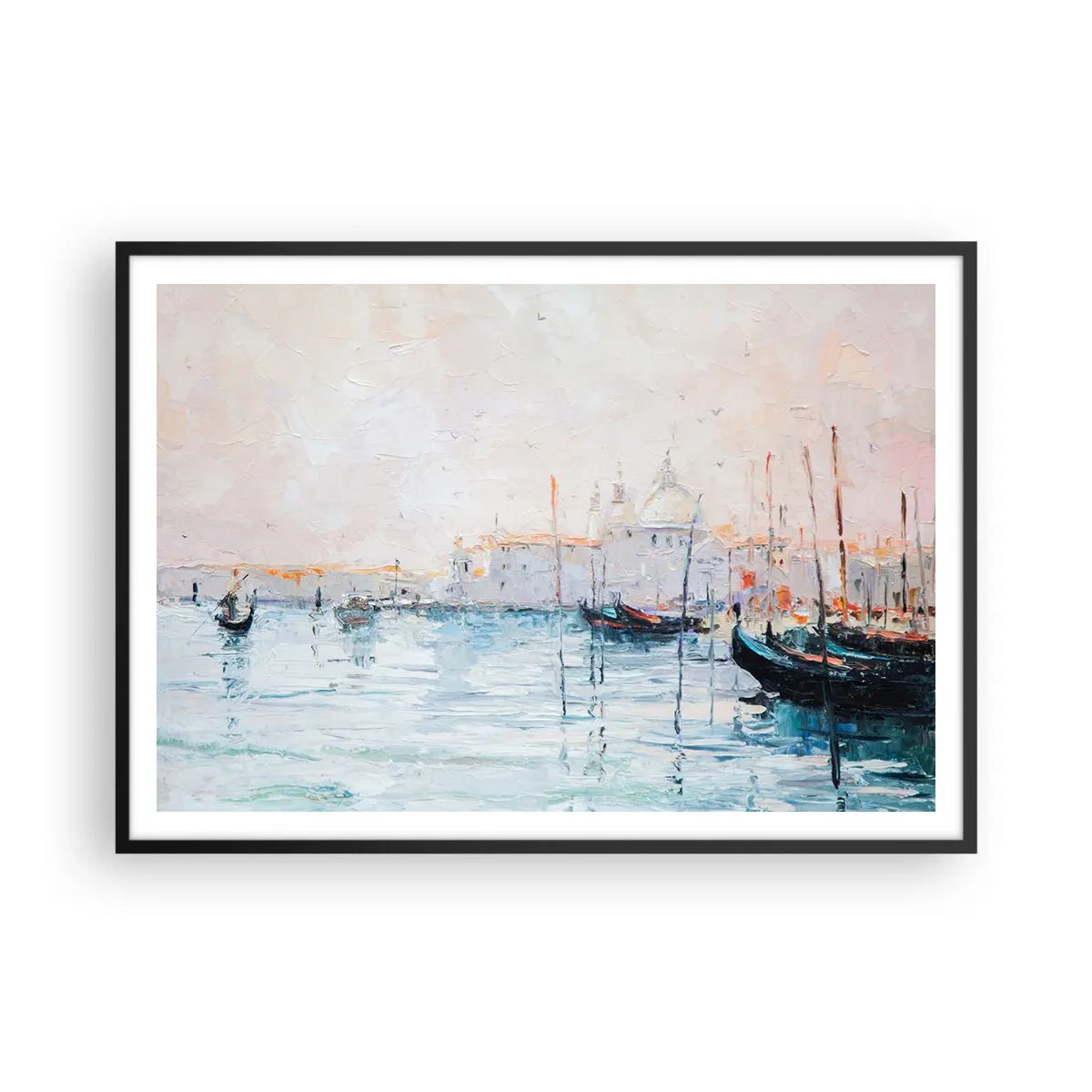 Affiche dans un cadre noir - Poster - Vue pittoresque des canaux avec des bateaux aux couleurs pastel - 100x70cm - Derrière l'eau, derrière le brouillard - Décoration murale moderne pour le salon et la chambre ARTTOR