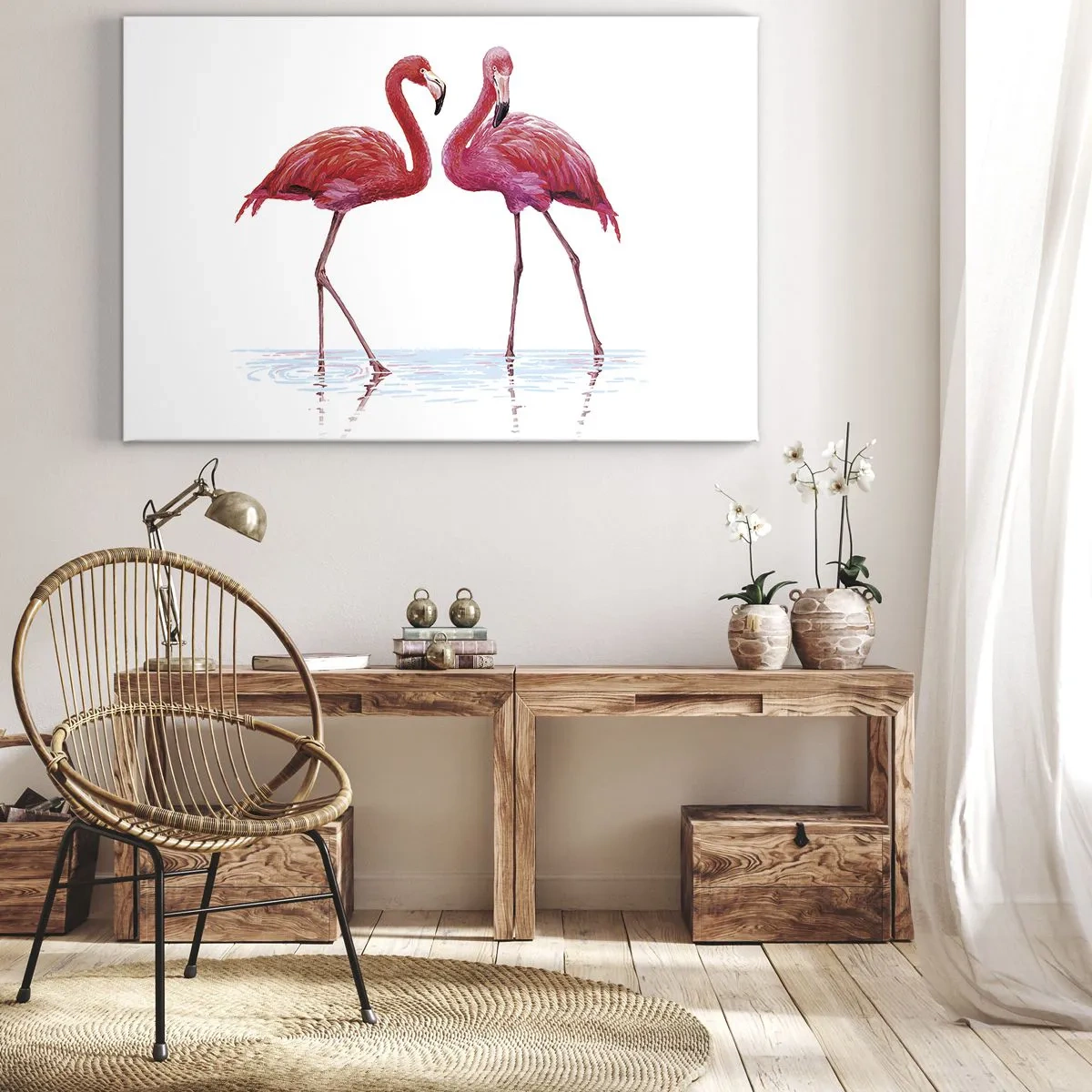 Impression sur toile - Image sur toile - Une paire de flamants roses dans l'eau sur un fond clair - 100x70cm - Rendez-vous rose - Décoration murale moderne pour le salon et la chambre ARTTOR