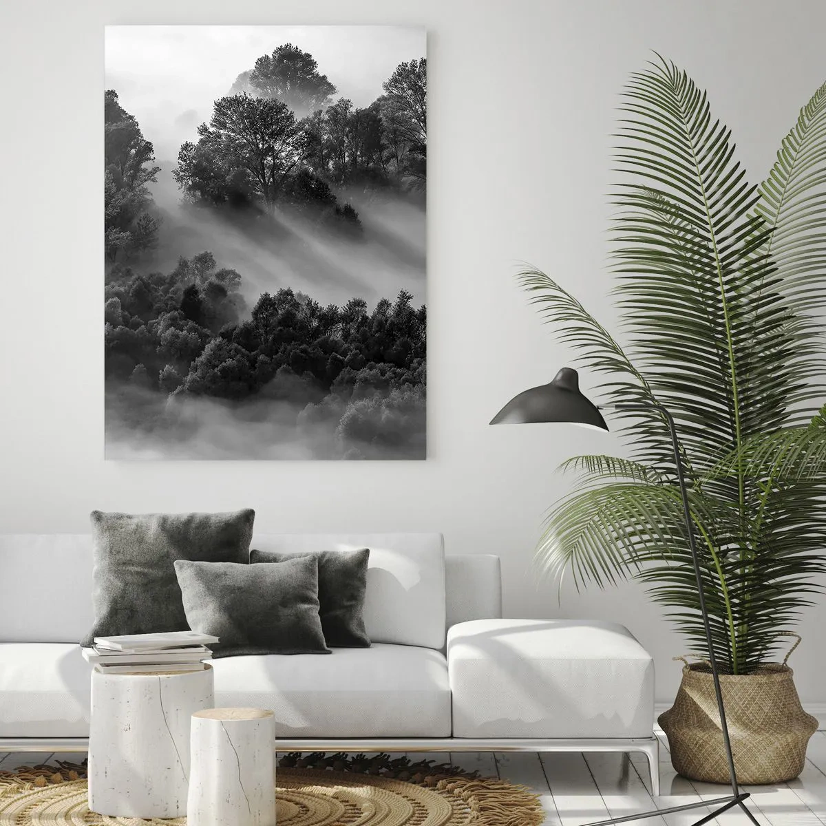 Impression sur verre - Image sur verre - Forêt brumeuse au soleil en noir et blanc - 50x70cm - Sortir de son sommeil - Décoration murale moderne pour le salon et la chambre ARTTOR