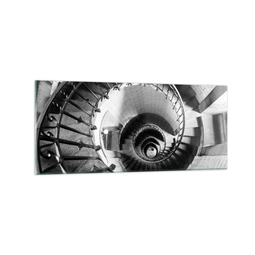 Impression sur verre - Image sur verre - Photographie en noir et blanc d'un escalier en colimaçon avec une perspective de haut en bas - 120x50cm - De plus en plus haut - Décoration murale moderne pour le salon et la chambre ARTTOR