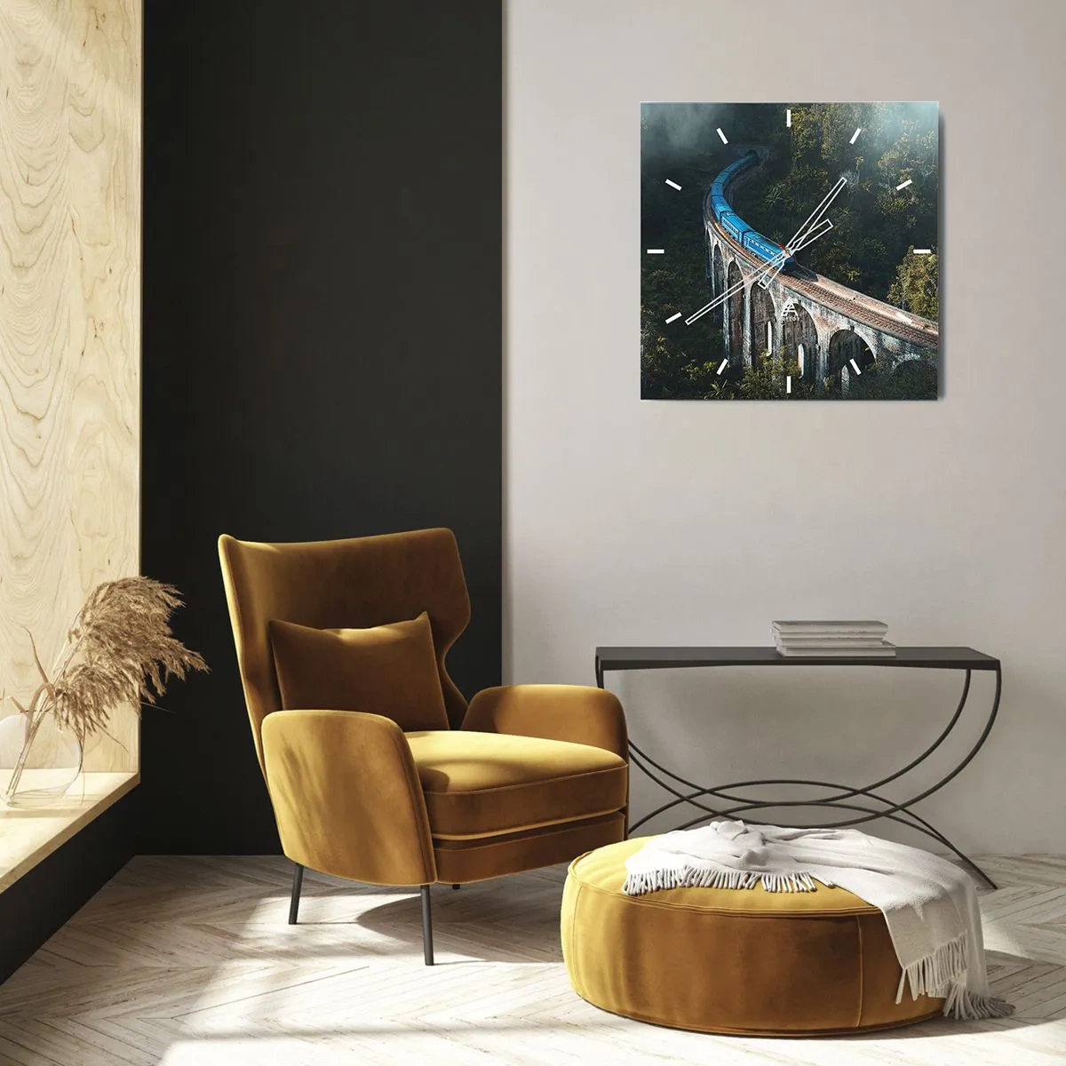 Horloge murale - Pendule murale - Un train bleu sur un viaduc historique au milieu des forêts - 30x30cm - Train nature - Décoration murale moderne pour le salon et la chambre ARTTOR