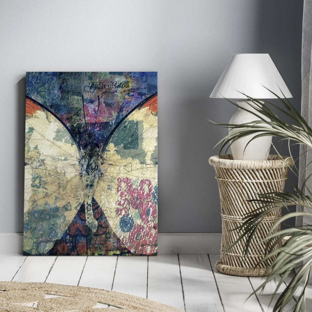 Impression sur toile - Image sur toile - Papillon sur un fond artistique abstrait avec des détails colorés - 80x120cm - Fragilité subtile - Décoration murale moderne pour le salon et la chambre ARTTOR