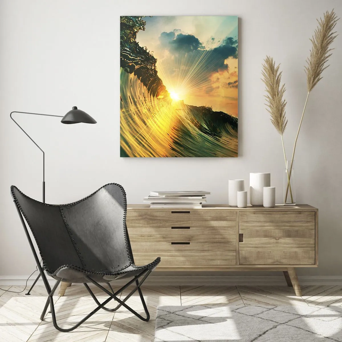 Impression sur verre - Image sur verre - Le soleil couchant illuminant les vagues de l'océan - 50x70cm - Surfeur, où es-tu ? - Décoration murale moderne pour le salon et la chambre ARTTOR