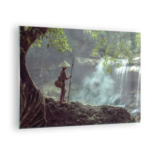 Impression sur verre - Image sur verre - Un garçon avec une lance près d'une cascade dans la forêt tropicale - 70x50cm - Lier d'amitié avec la nature - Décoration murale moderne pour le salon et la chambre ARTTOR