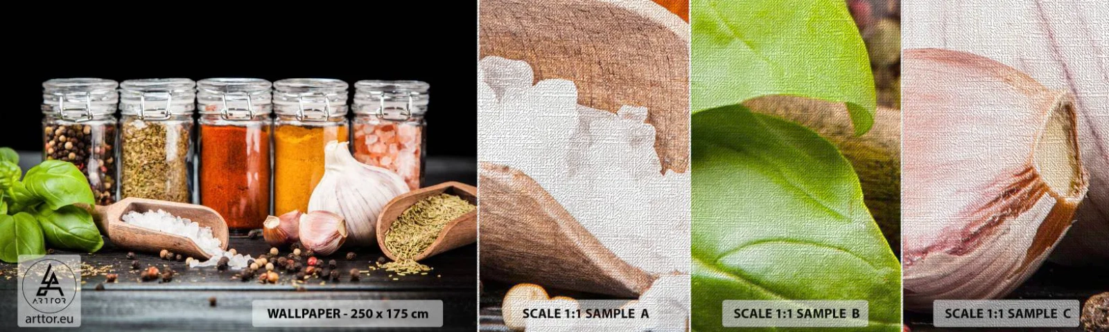 Échantillon de Papier Peint Premium Canvas - Pour que la vie ait du goût - La gastronomie, Herbes séchées, Épices - 100x30 cm