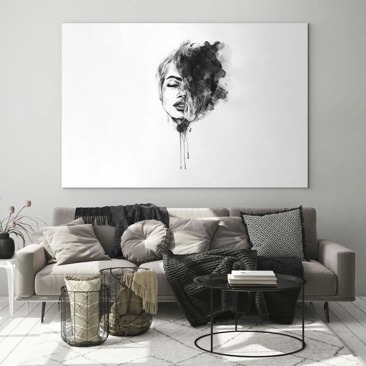 Impression sur verre - Image sur verre - Portrait noir et blanc d'une femme avec une ombre abstraite - 70x50cm - De quoi rêve la fille - Décoration murale moderne pour le salon et la chambre ARTTOR