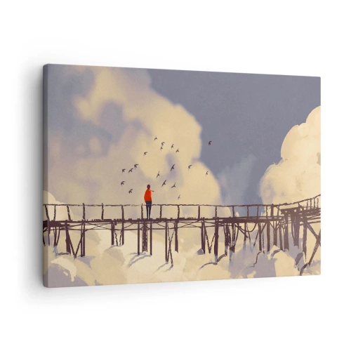 Impression sur toile - Image sur toile - Une silhouette sur un pont parmi les nuages avec des oiseaux dans le ciel - 70x50cm - Bleu nostalgie - Décoration murale moderne pour le salon et la chambre ARTTOR