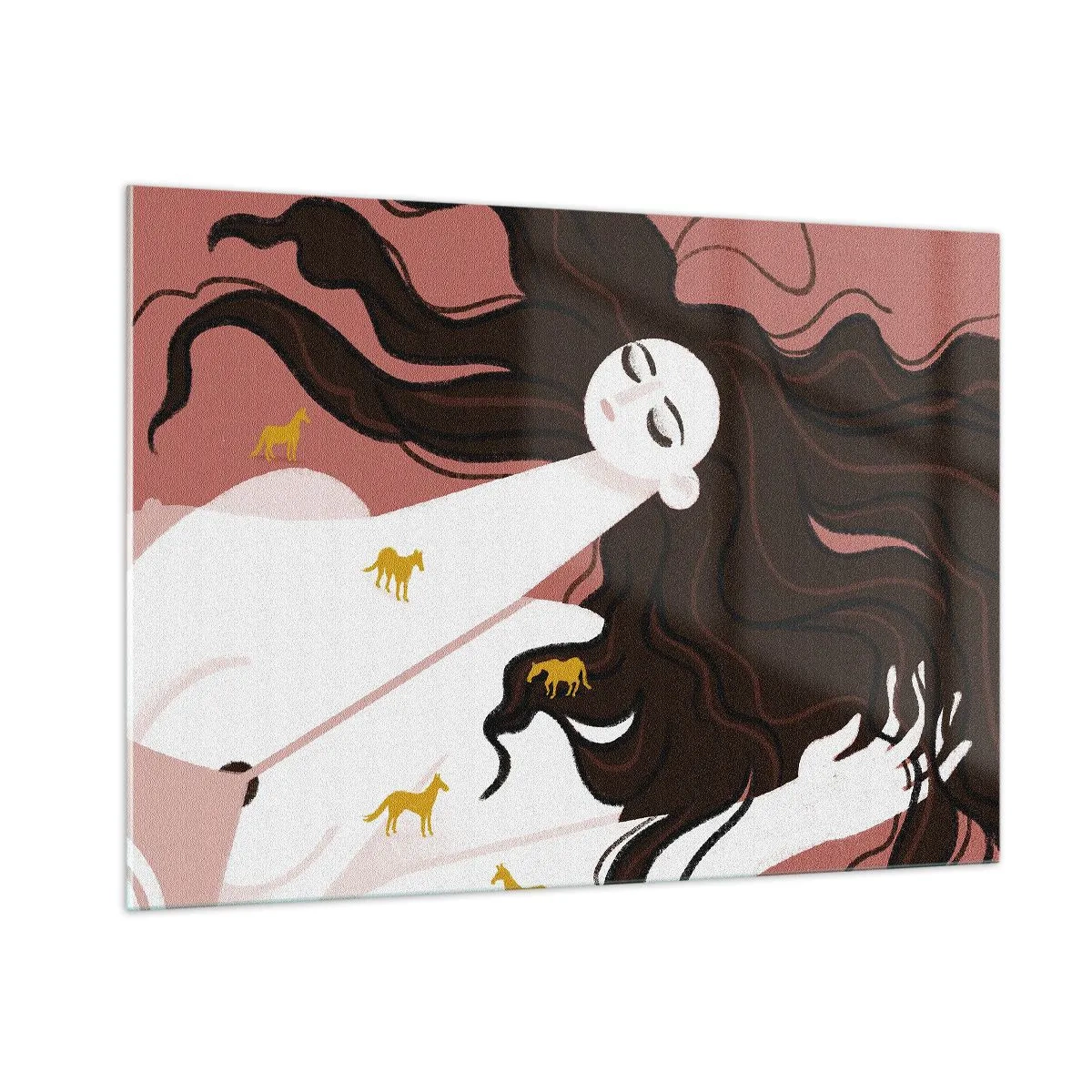 Impression sur verre - Image sur verre - Une femme aux cheveux longs et aux chevaux dorés sur fond rose. - 100x70cm - Rêve d'un cheval d'or - Décoration murale moderne pour le salon et la chambre ARTTOR