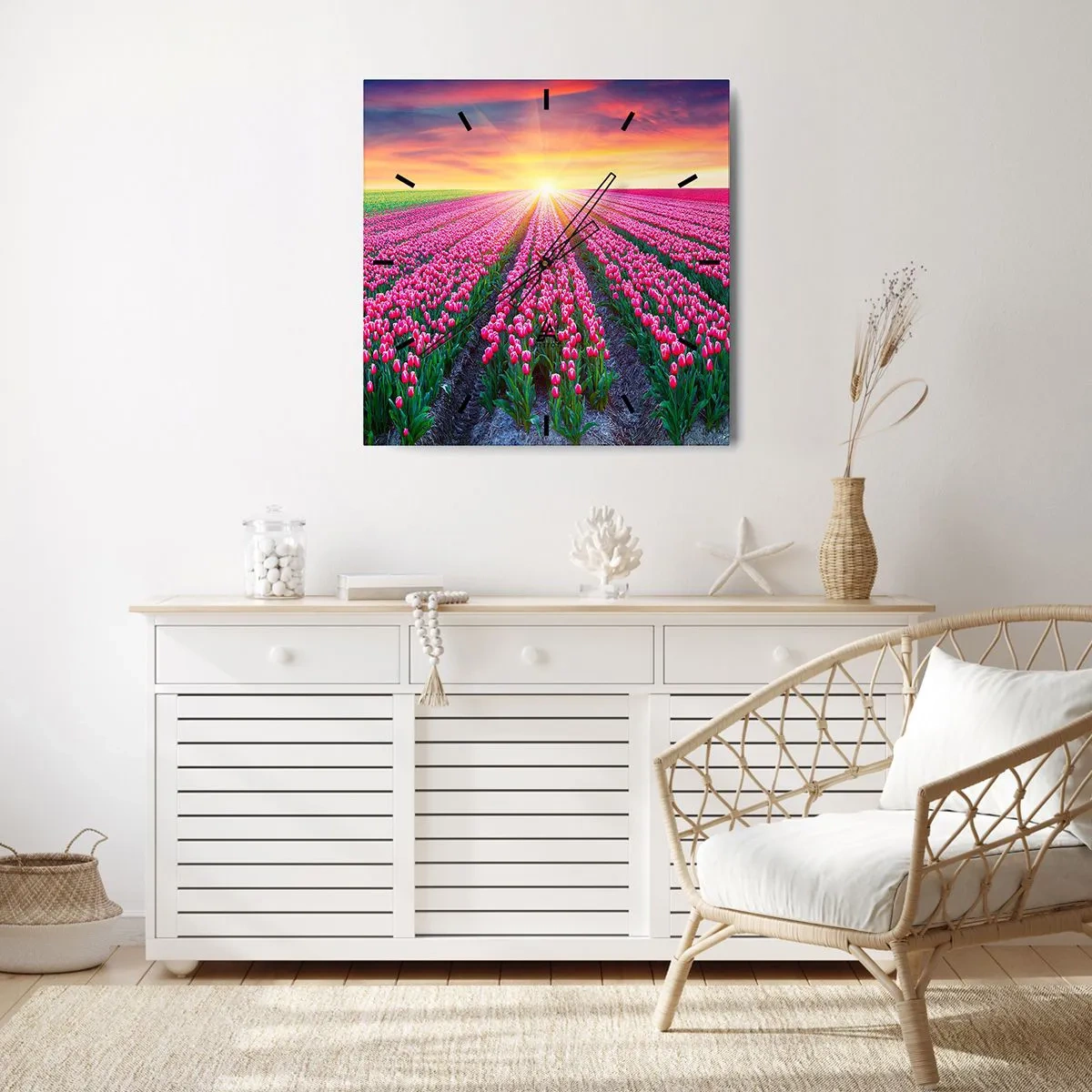 Horloge murale - Pendule murale - Un champ de tulipes au coucher du soleil - 30x30cm - Ferme de la beauté - Décoration murale moderne pour le salon et la chambre ARTTOR