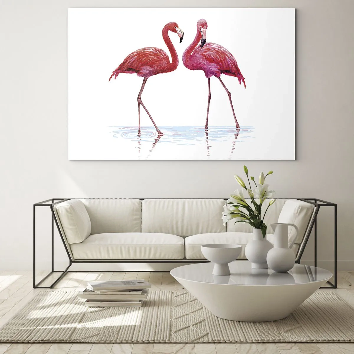 Impression sur verre - Image sur verre - Deux flamants roses debout dans l'eau - 100x70cm - Rendez-vous rose - Décoration murale moderne pour le salon et la chambre ARTTOR