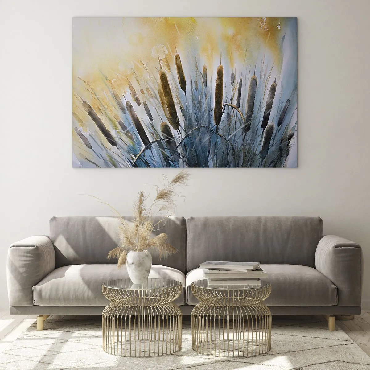 Impression sur verre - Image sur verre - Quenouilles peintes contre un ciel ensoleillé - 70x50cm - Fraicheur de l'eau, chaleur du soleil - Décoration murale moderne pour le salon et la chambre ARTTOR