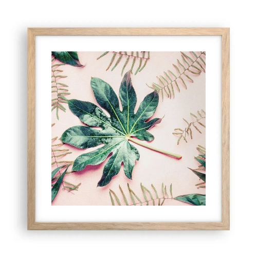 Affiche dans un chêne clair - Poster - Étude de verdure sur fond rose - 40x40 cm