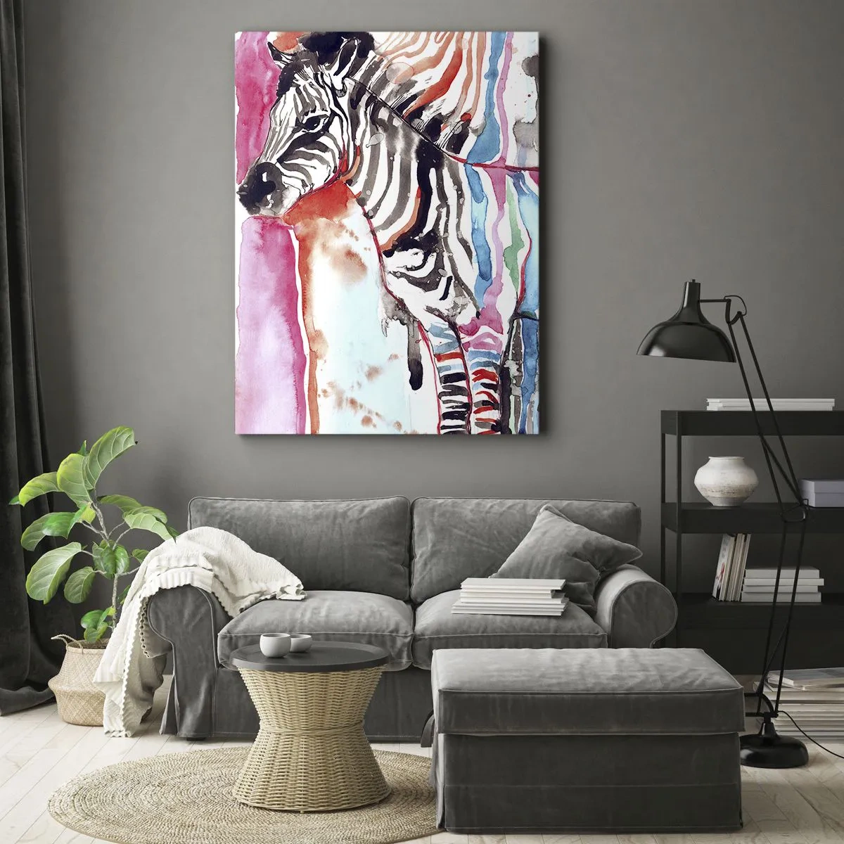 Impression sur toile - Image sur toile - Un zèbre coloré sur un fond de motifs abstraits à l'aquarelle - 50x70cm - Blague insouciante de la nature - Décoration murale moderne pour le salon et la chambre ARTTOR
