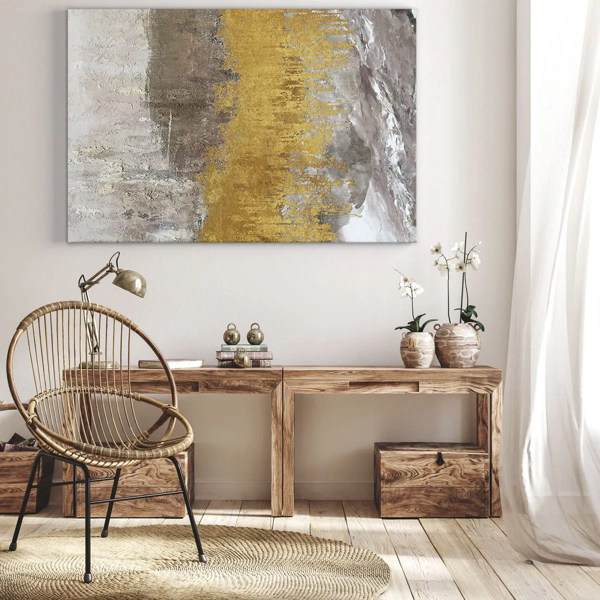 Impression sur toile - Image sur toile - Motif abstrait doré et beige - 70x50cm - Une explosion d'or - Décoration murale moderne pour le salon et la chambre ARTTOR