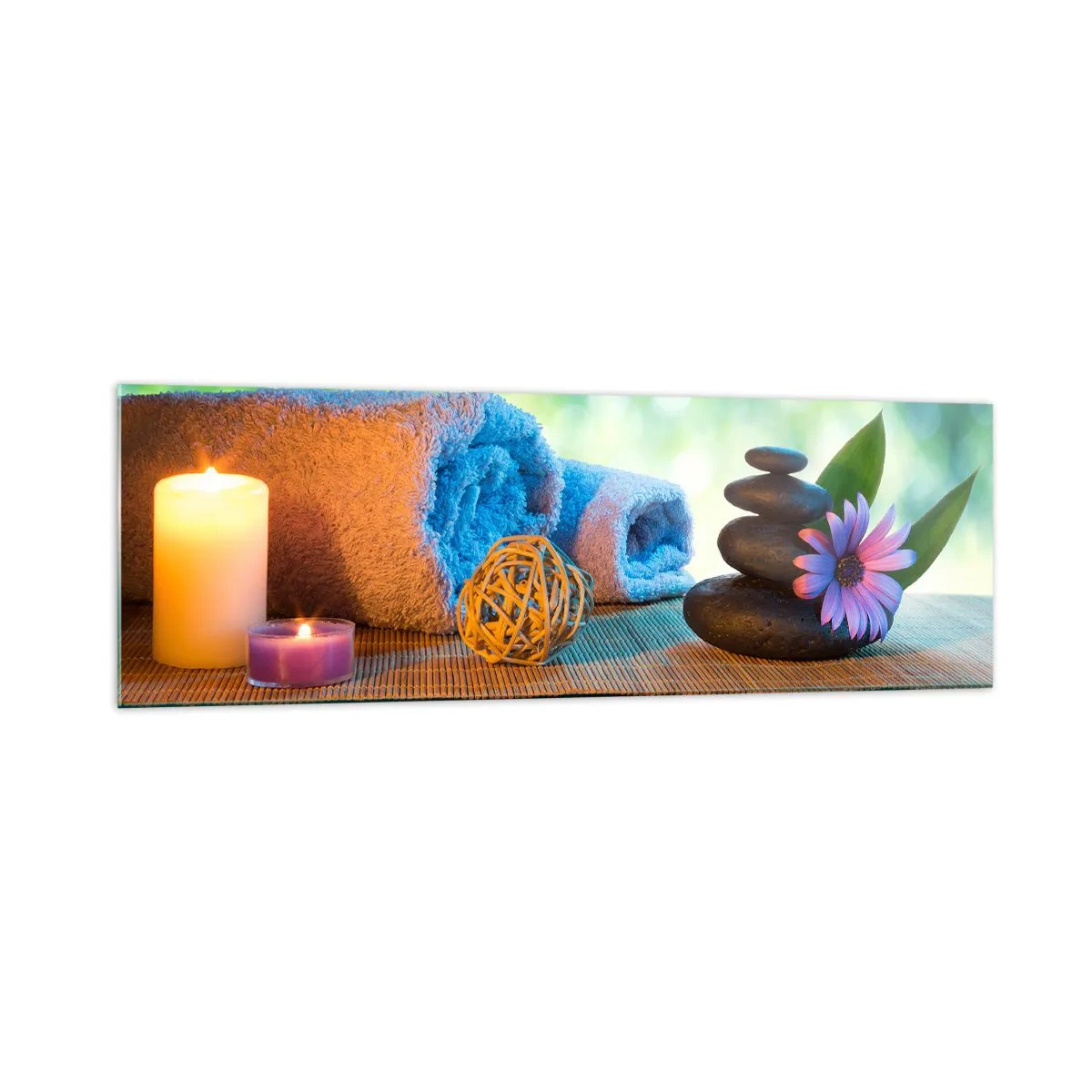 Impression sur verre - Image sur verre - Ensemble SPA relaxant avec serviettes, bougies et pierres - 160x50cm - Temps pour le corps - Décoration murale moderne pour le salon et la chambre ARTTOR